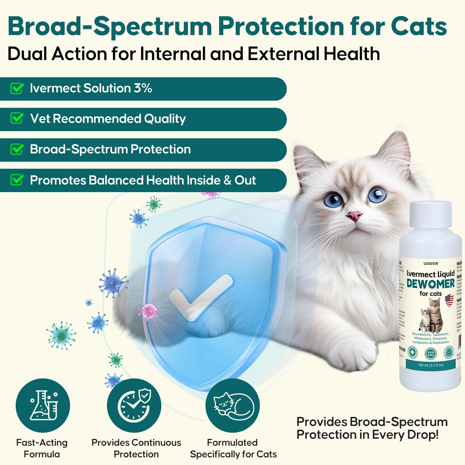 LuxeVib Dewormer liquid dosing spoon demonstrates simple once daily administration