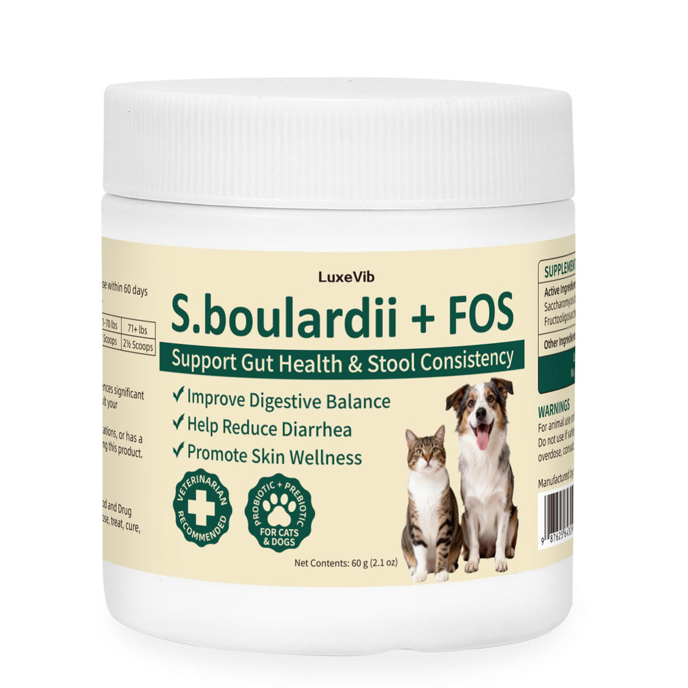 LuxeVib S boulardii FOS powder bottle for pets supports gut balance