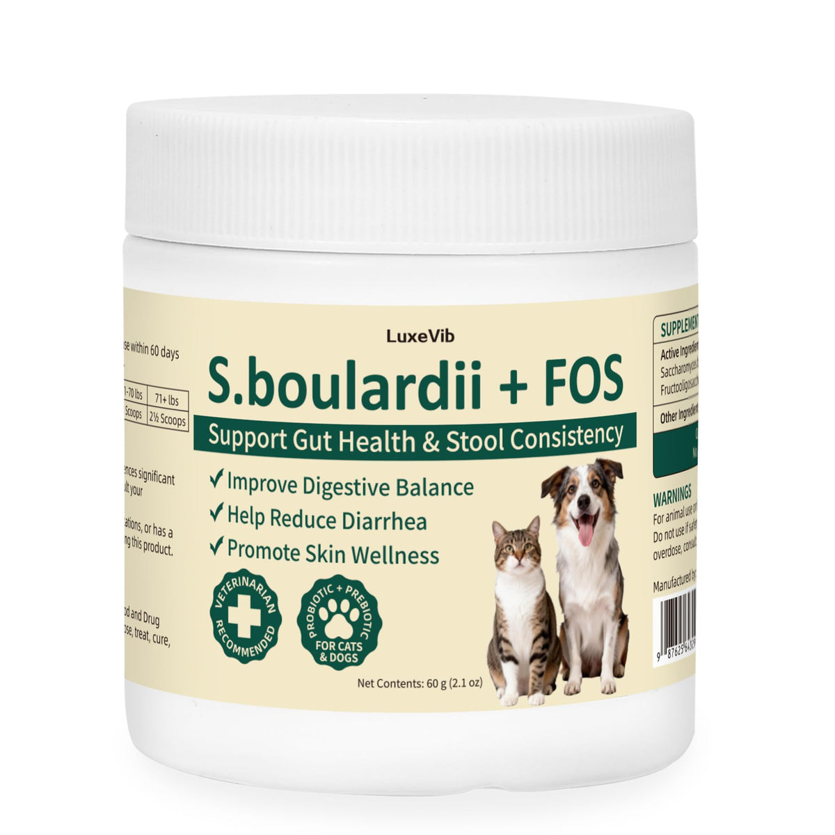 LuxeVib S boulardii FOS powder bottle for pets supports gut balance