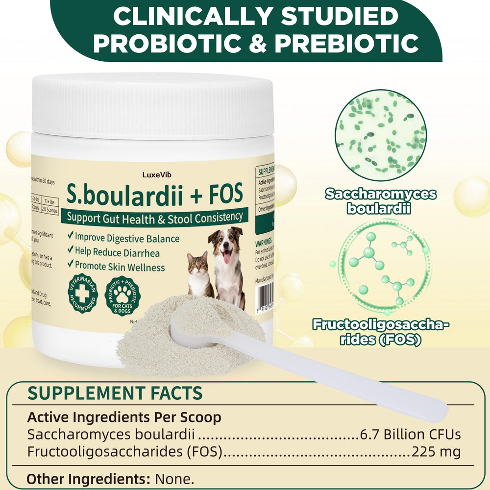 Powder sprinkled into kibble for dogs and cats supports digestion