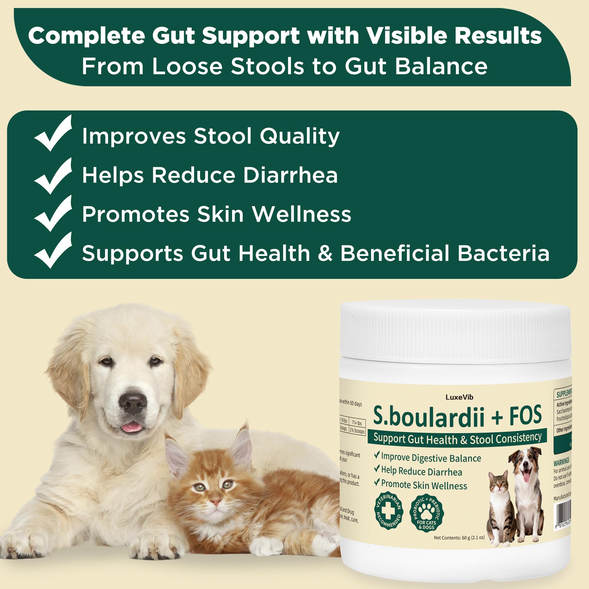 LuxeVib S boulardii FOS powder dosing scoop shown for easy daily feeding