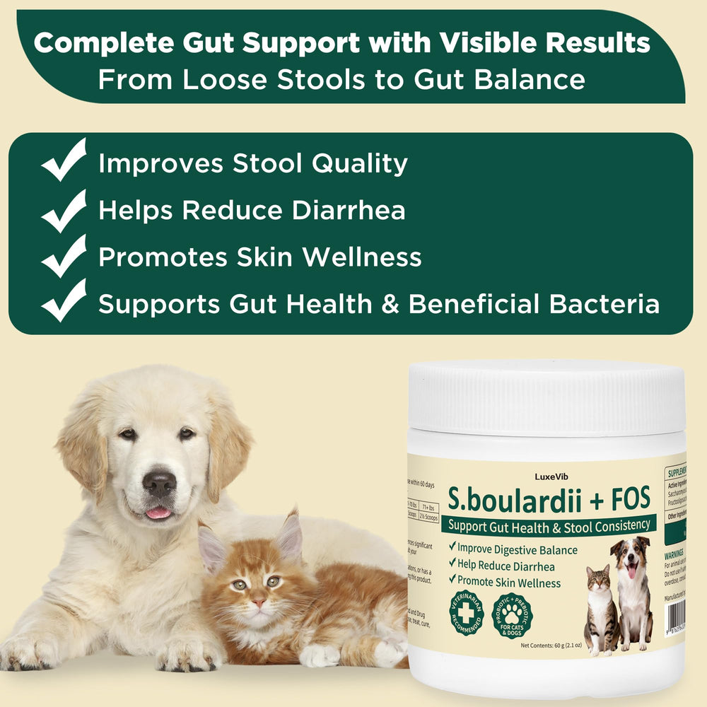 LuxeVib S boulardii FOS powder dosing scoop shown for easy daily feeding