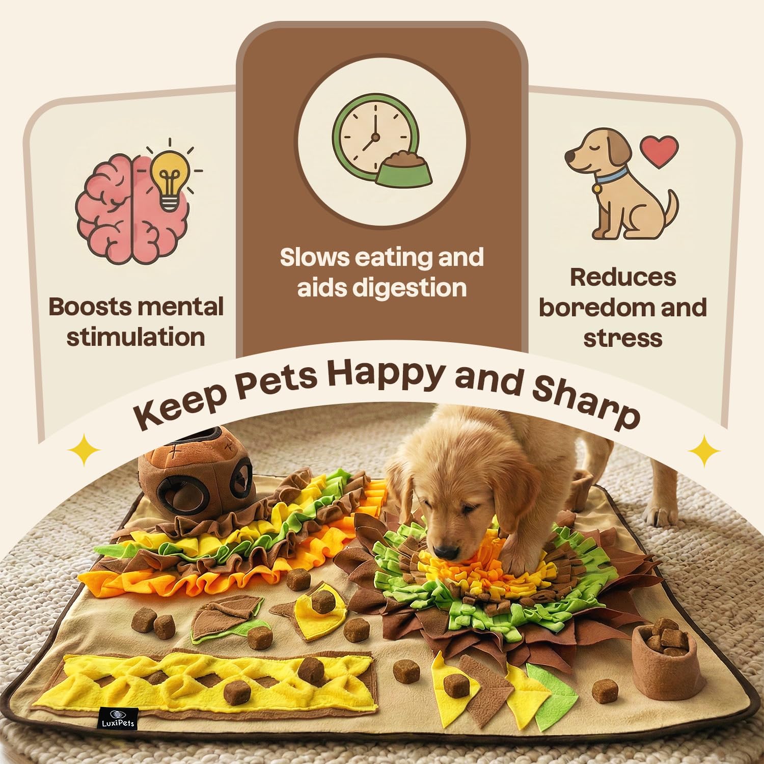 LuxiPets washable fleece design makes cleaning after meals quick and easy.