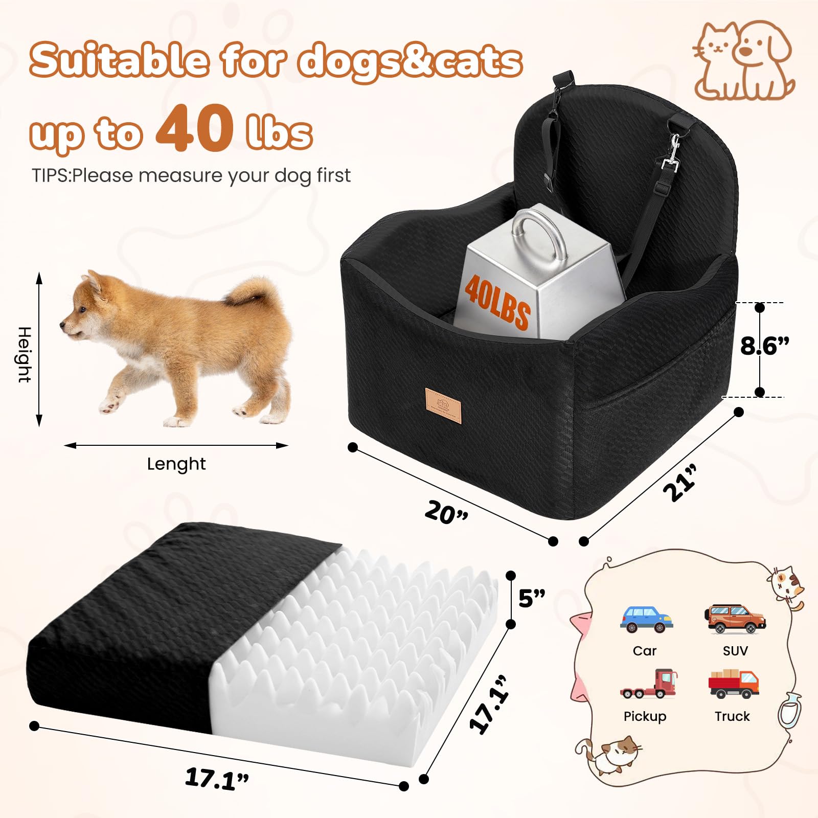 Supports pets up to 40 lbs in cars and SUVs.