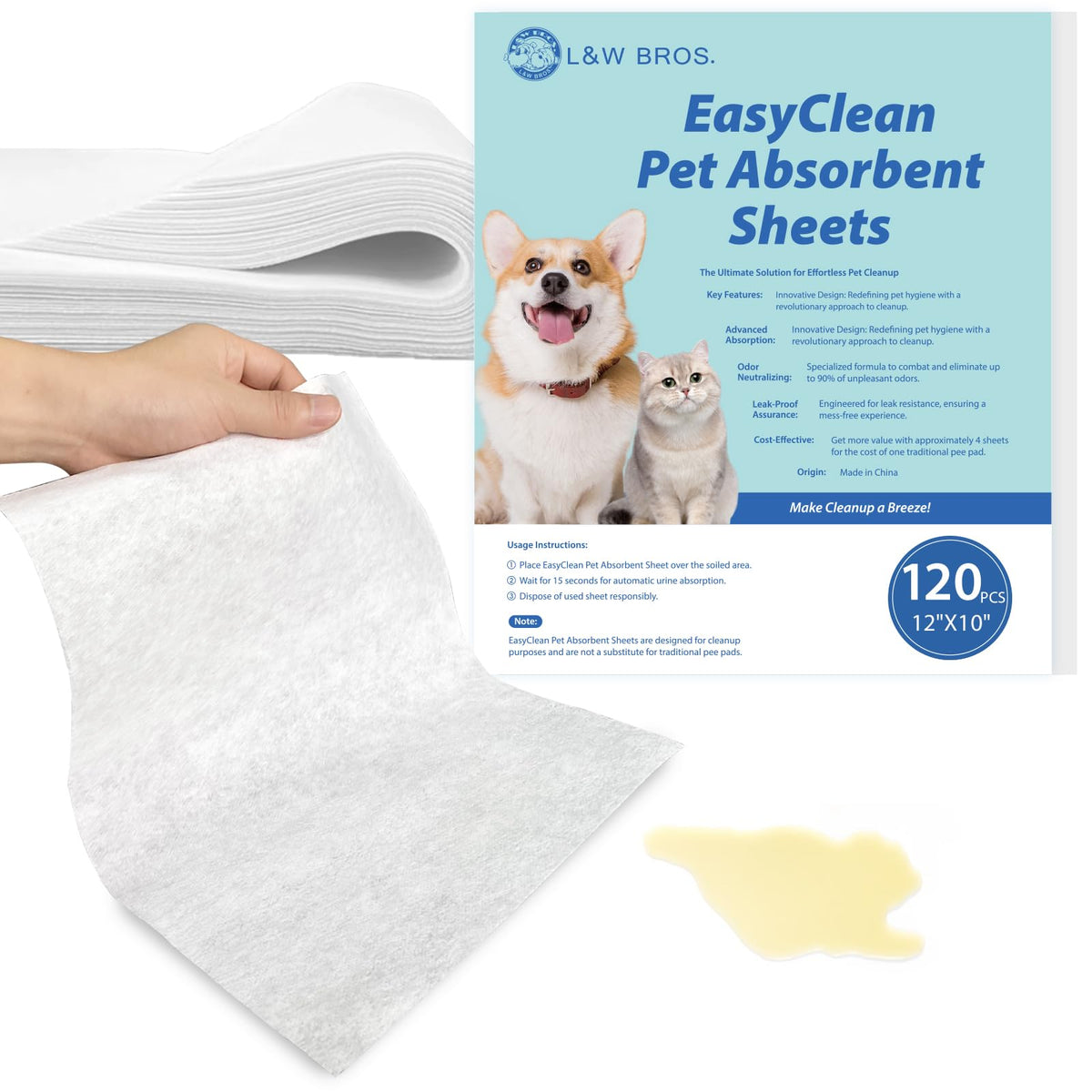 L&W BROS Easy Clean Pet Urine Sheet 12x10, quickly absorbs and protects hard floors