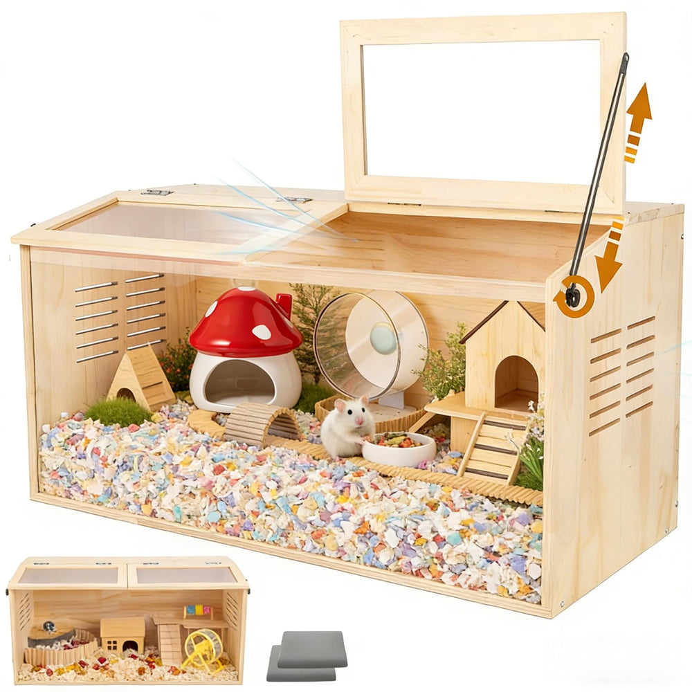 LWYMX wooden hamster cage with a top-open design for easy access.