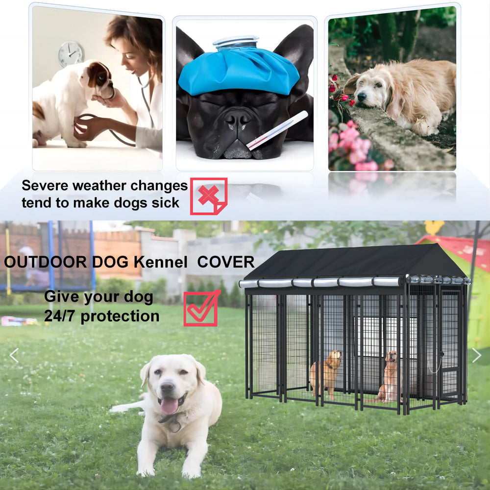 LYBOSH kennel cover side rolled-up for ventilation and summer comfort.