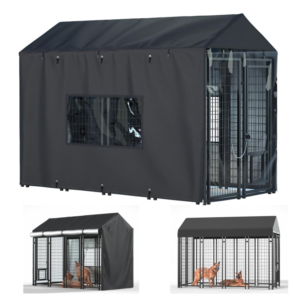 LYBOSH kennel cover front view protects the outdoor kennel from rain and debris