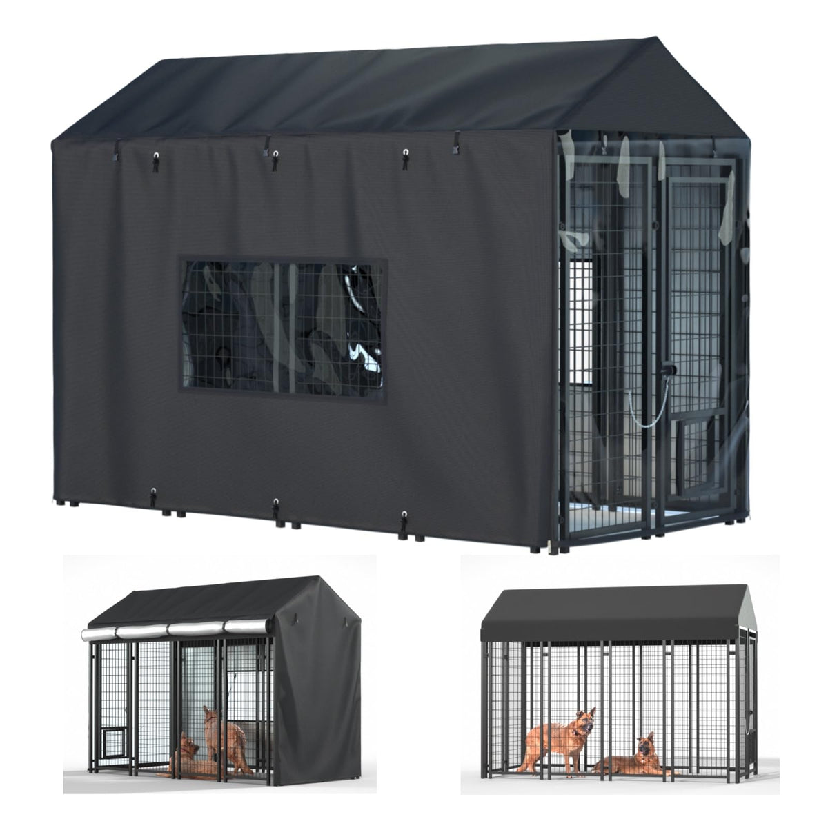 LYBOSH kennel cover front view protects the outdoor kennel from rain and debris