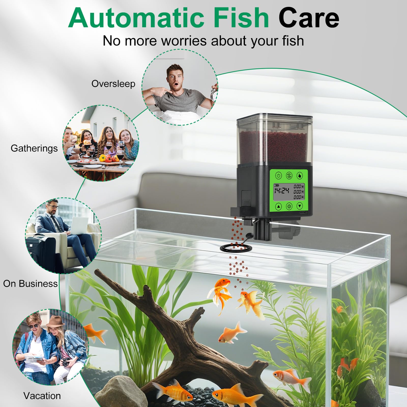 Lychee automatic fish feeder in action on aquarium tank for adjustable portions.