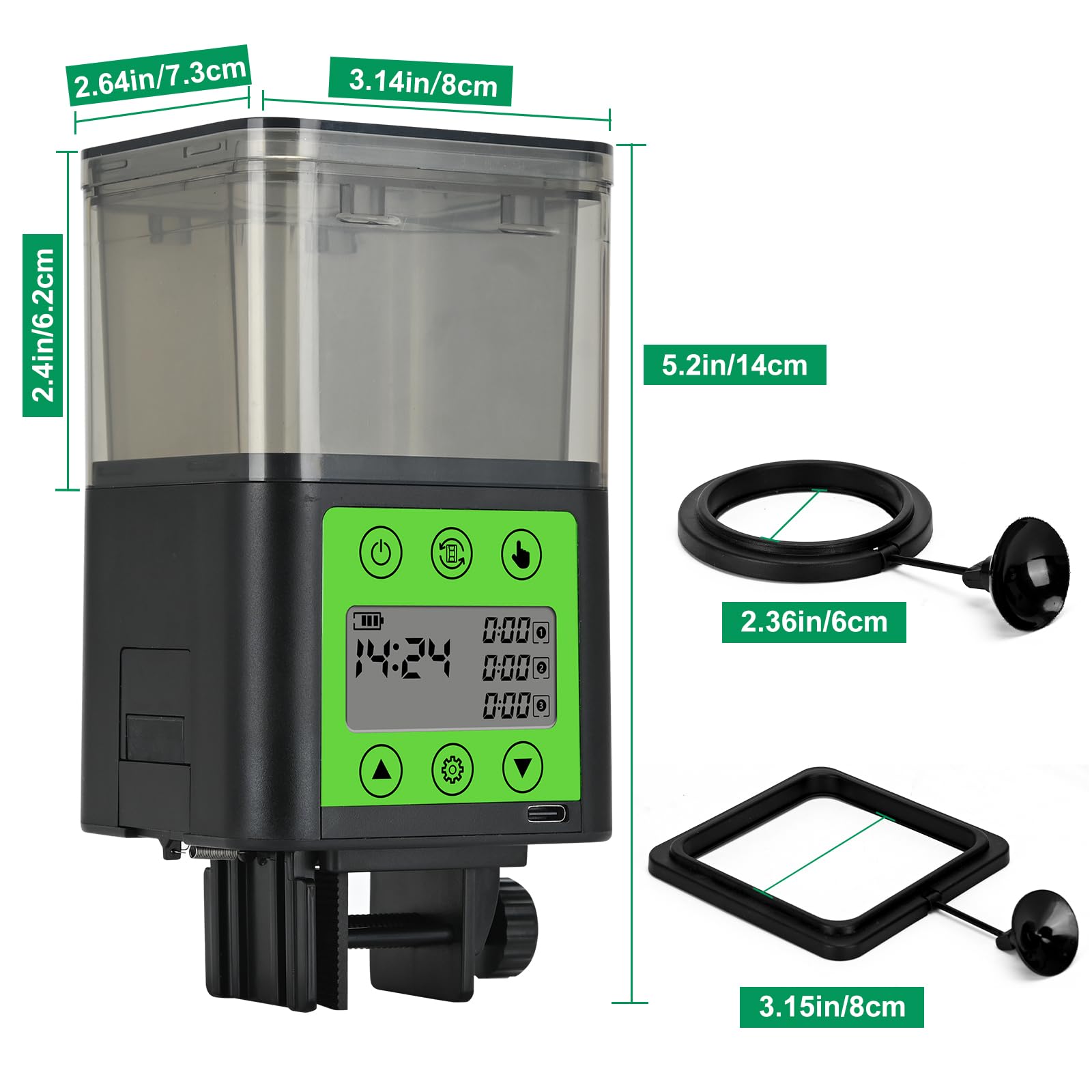 Lychee automatic fish feeder outlet-holes show precise portion control for feeds.