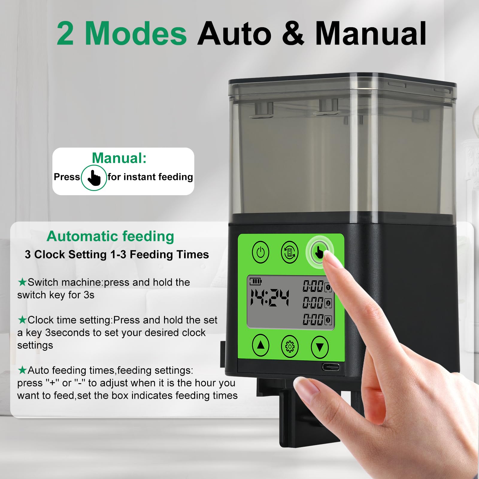 Lychee automatic fish feeder USB charging indicator highlights convenient recharge.
