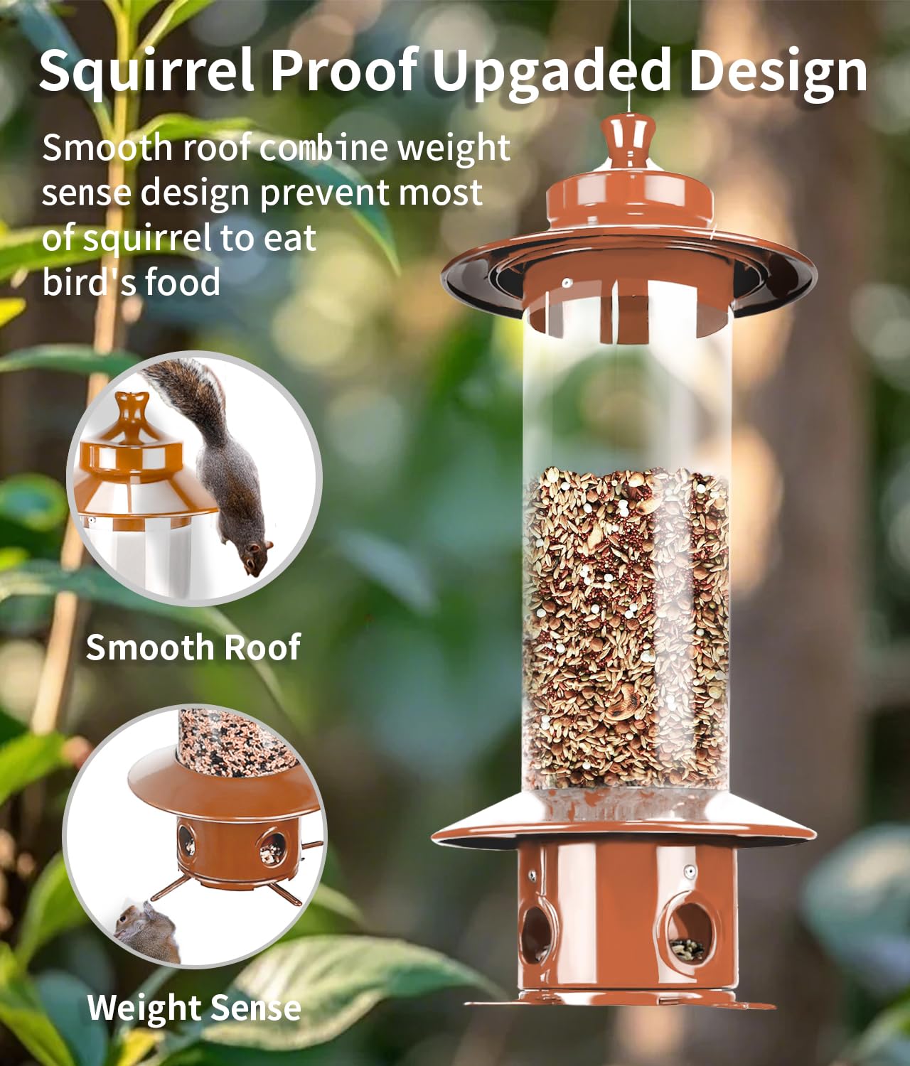 LYKENTOR weight-activated mechanism seen up close protects seed while lightweight birds access ports.
