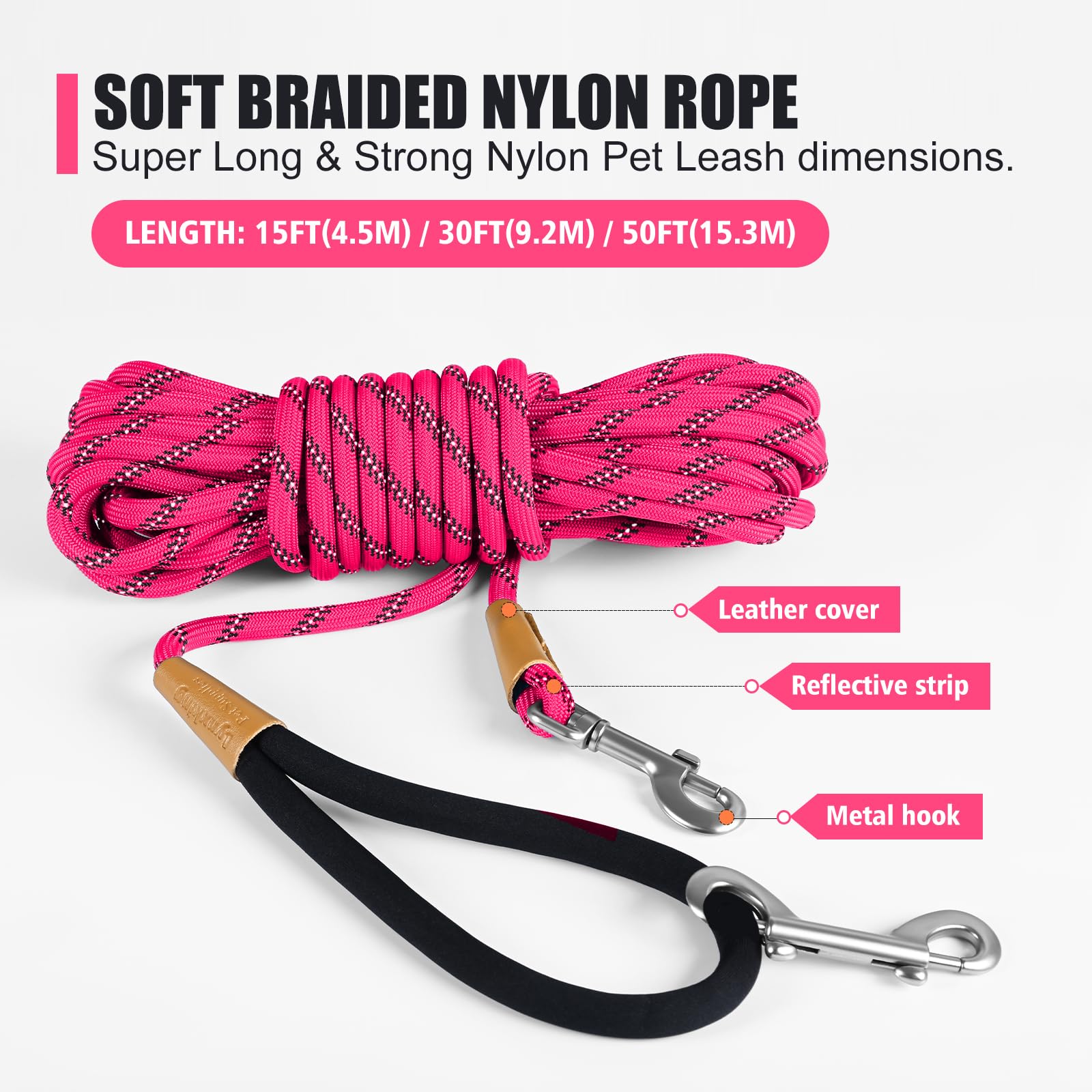 Lynxking long dog leash 30ft pink ideal for training distance with secure control.