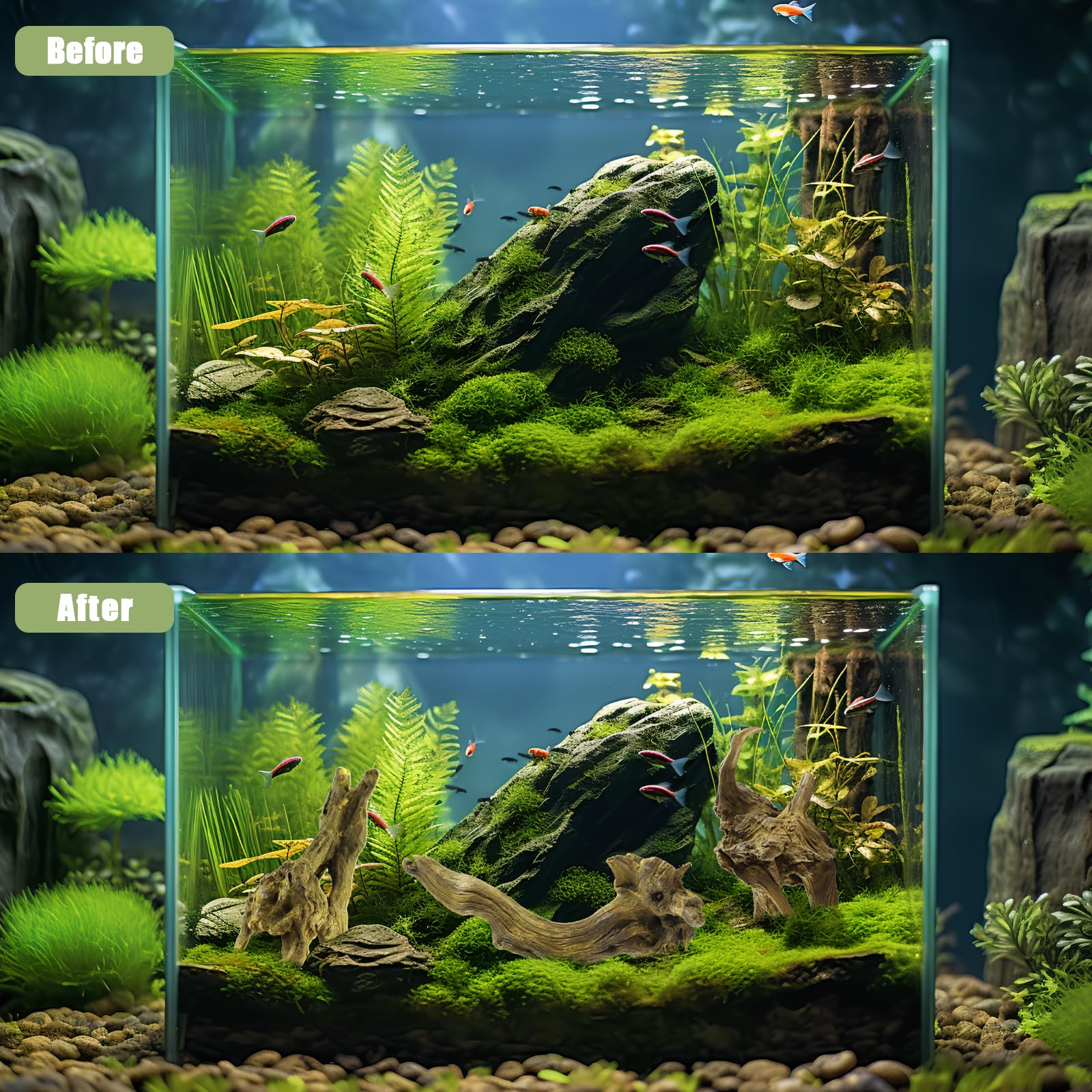 LYPHARD AQUARIUMS driftwood aquascape setup with natural structure