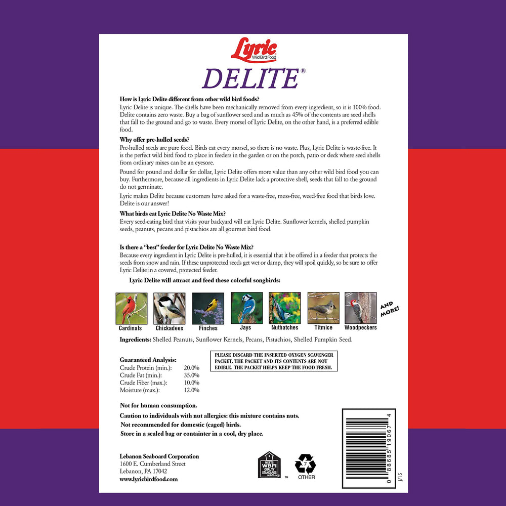 Lyric Delite shell-free nuts and seeds mix reduces waste under feeders