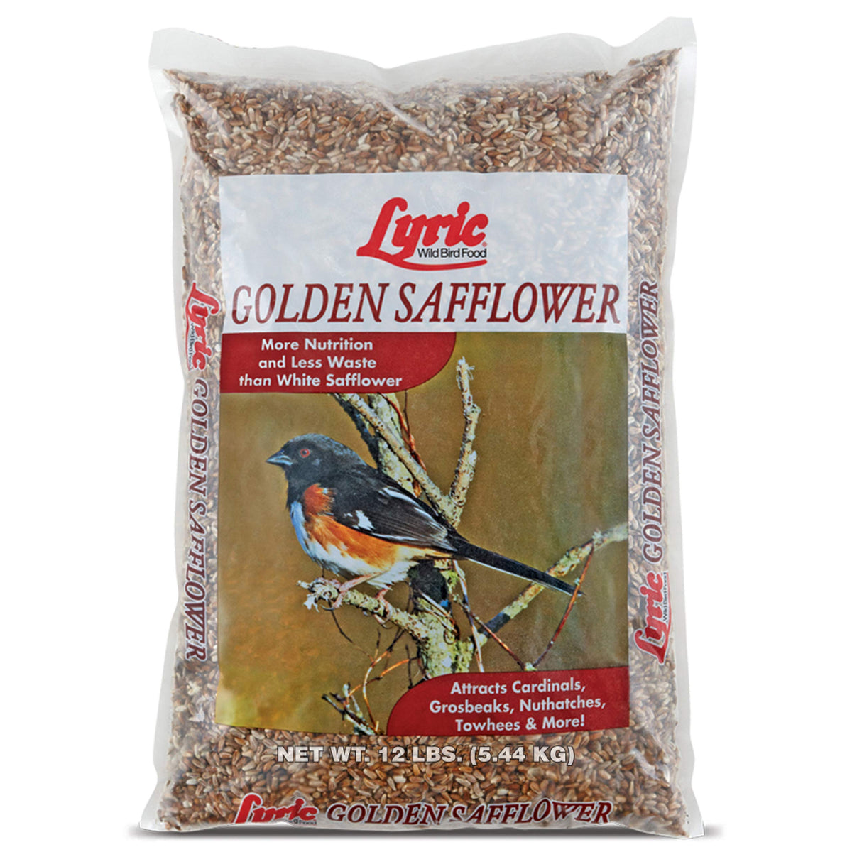 Lyric Golden Safflower seed attracts cardinals at outdoor feeders.
