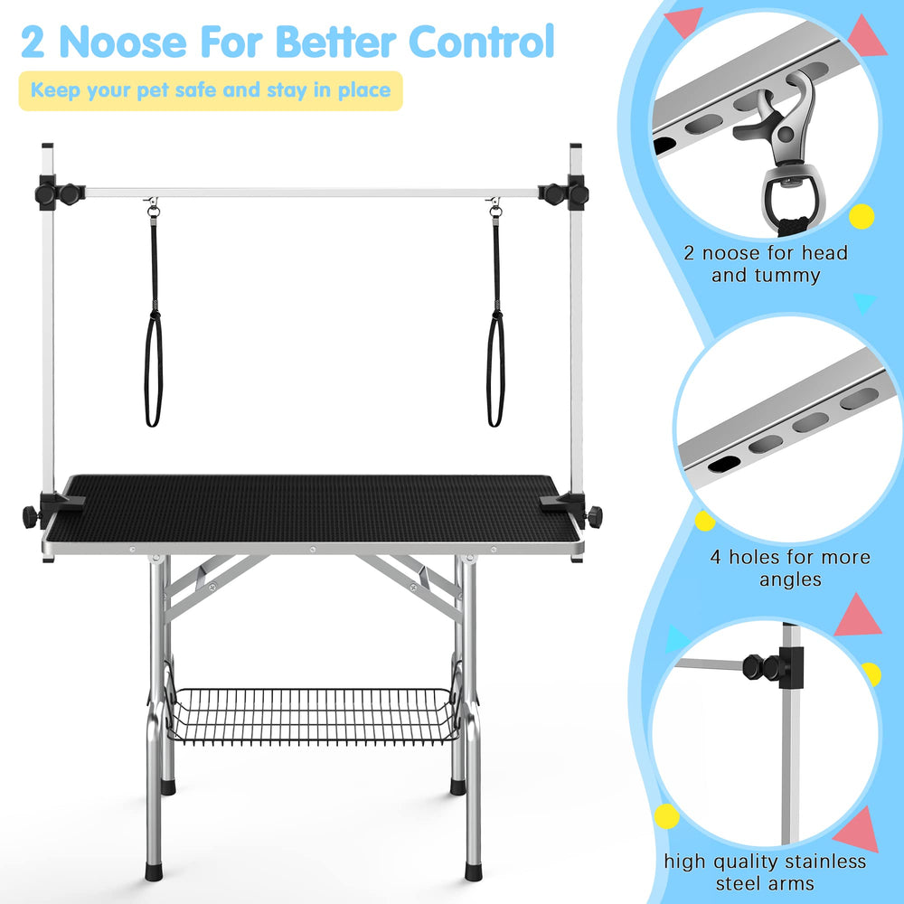 Lyromix adjustable arm demonstrates secure pet positioning during grooming sessions.