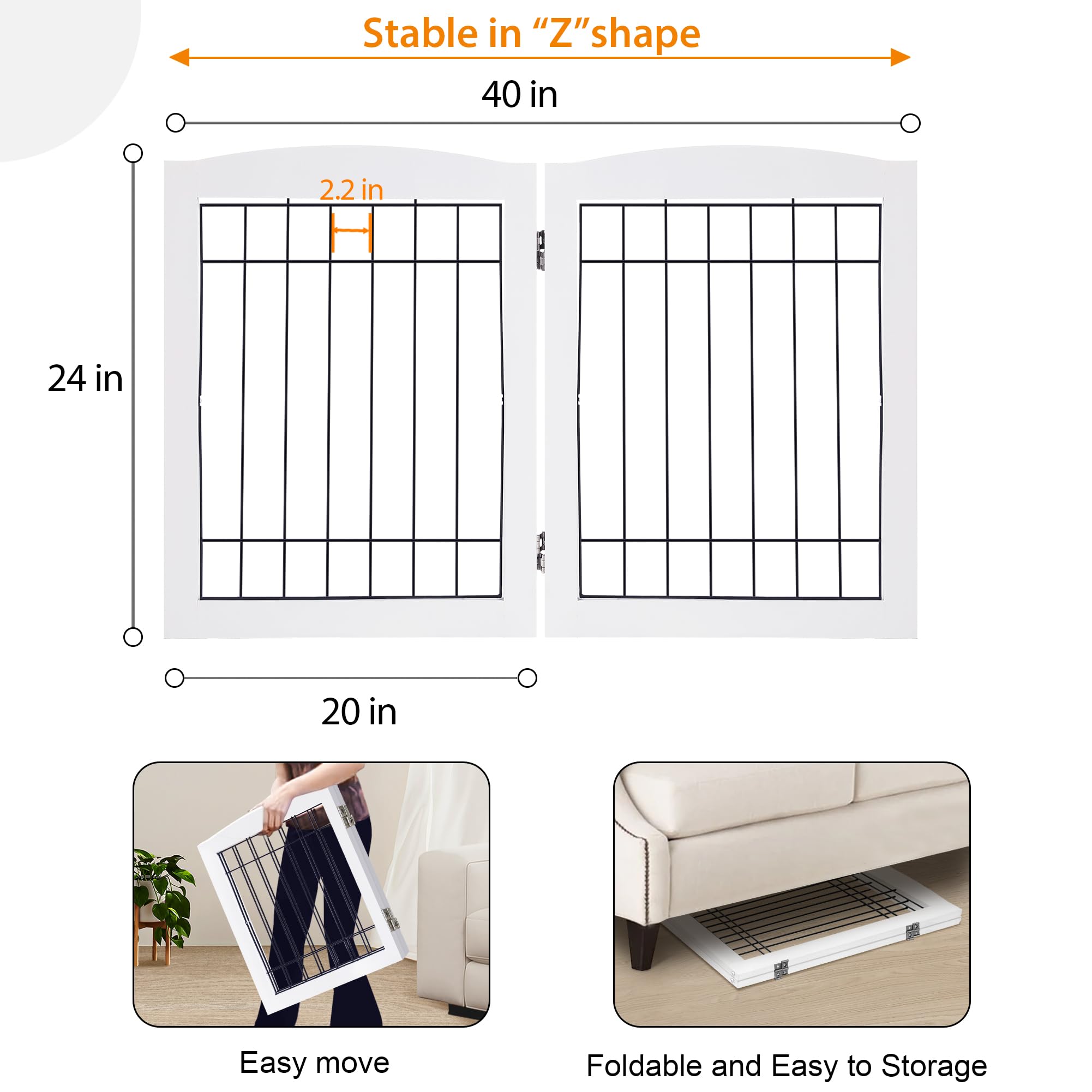 LZRS 2-panel wood dog gate white finish blends with decor