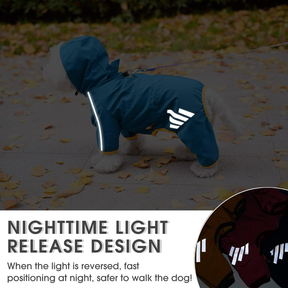 Mabawa waterproof raincoat showing back leash hole for quick attachment.