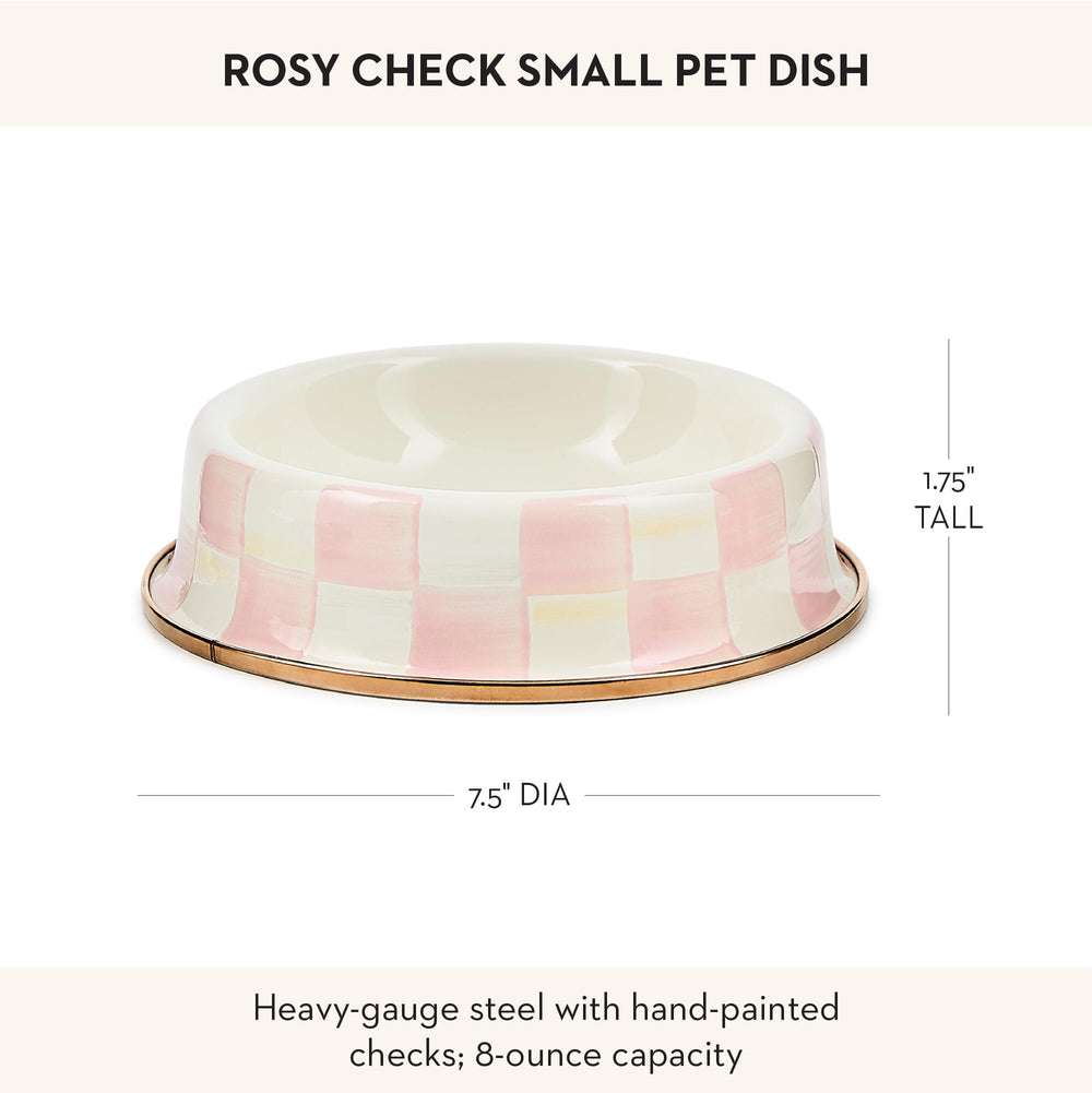 MacKenzie-Childs enamel pet bowl on a dining table adds decorative pet dining.