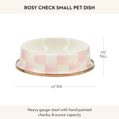 MacKenzie-Childs enamel pet bowl on a dining table adds decorative pet dining.