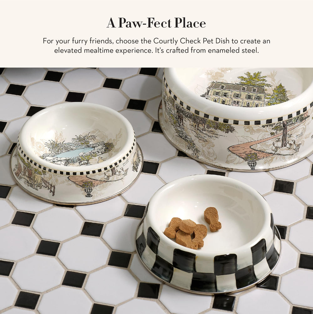 Mackenzie-Childs enamel pet dish with heavy-gauge underbody for durability