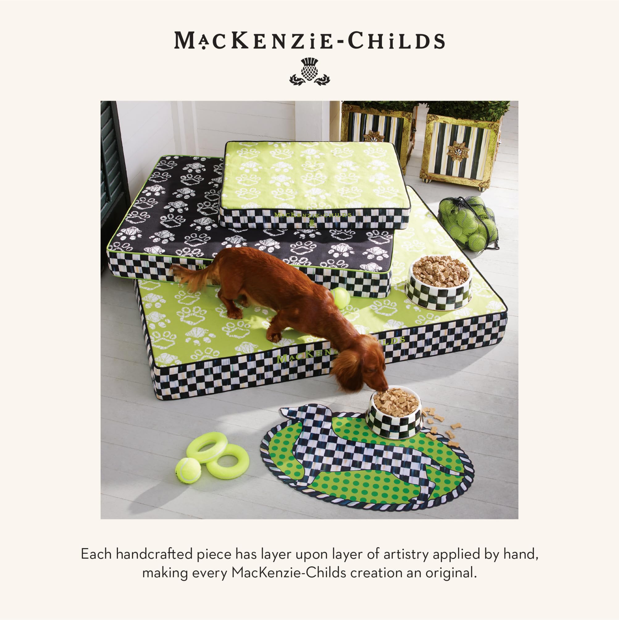 MACKENZIE-CHILDS pet bowl packaging shown as a ready gift for pet lovers.