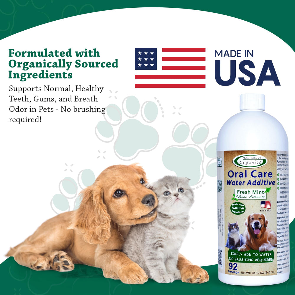 Mad About Organics daily-use bottle suggests routine oral wellness for pets.