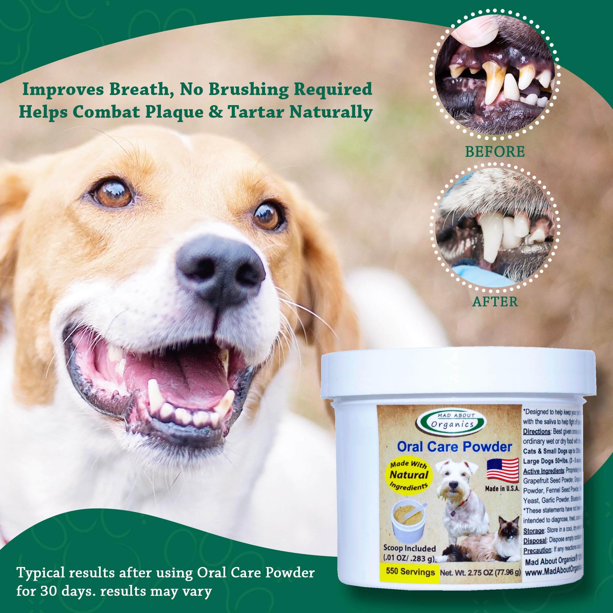 Mad About Organics dental powder close-up showing tartar reduction potential