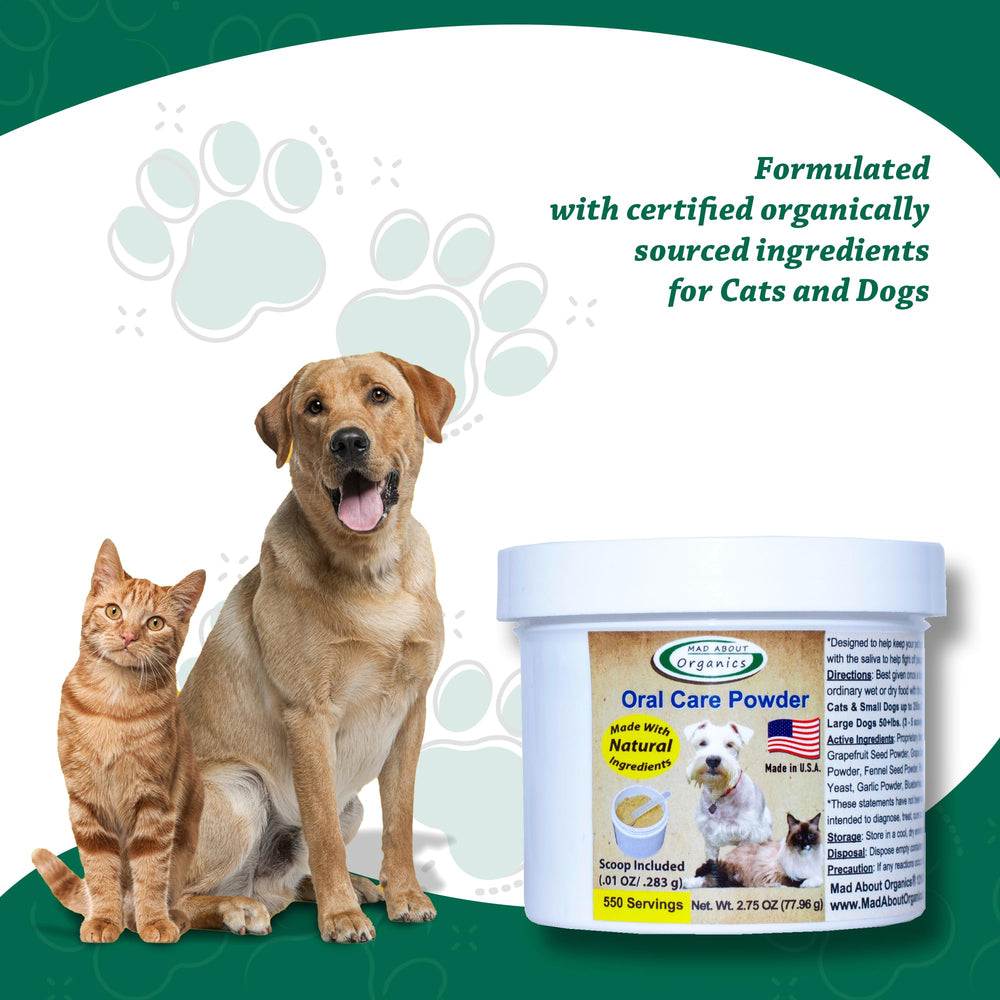 Mad About Organics powder on a pet meal bowl for easy use