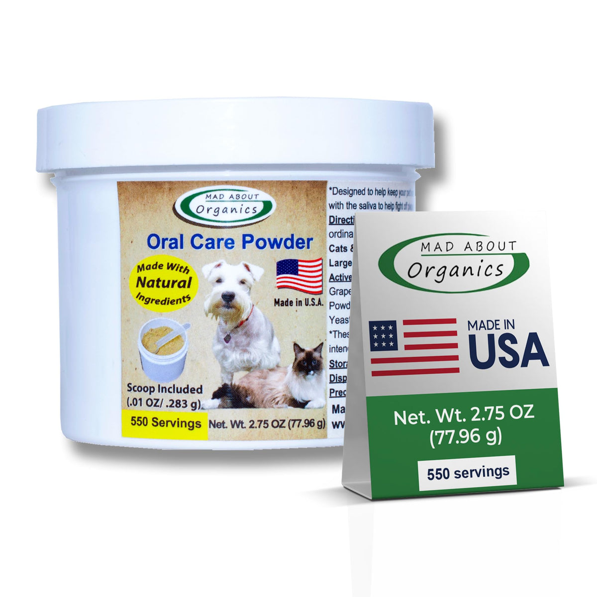 Mad About Organics dental powder bottle pour for easy tartar control