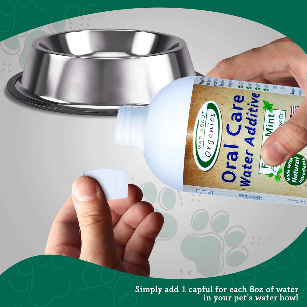Pet drinks water treated with Mad About Organics additive for fresher breath.