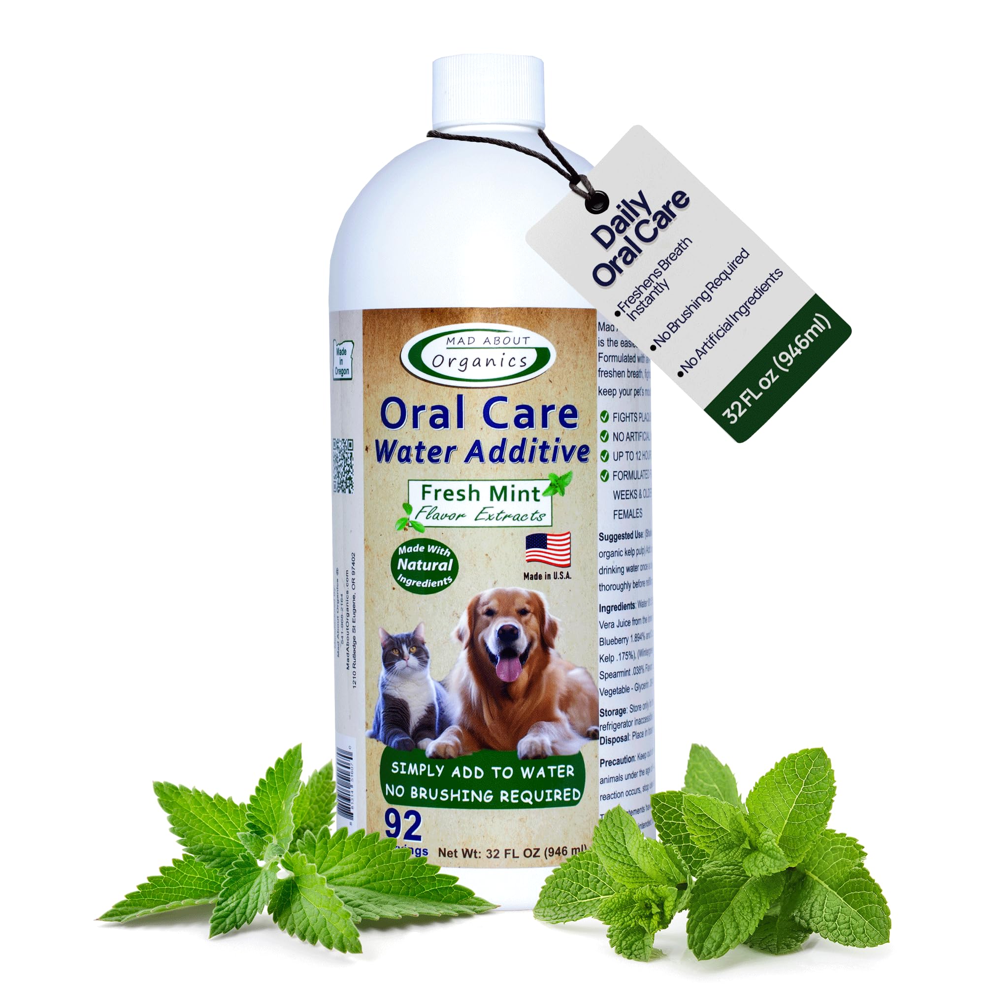 Mad About Organics water additive bottle with mint formula for fresher pet breath.