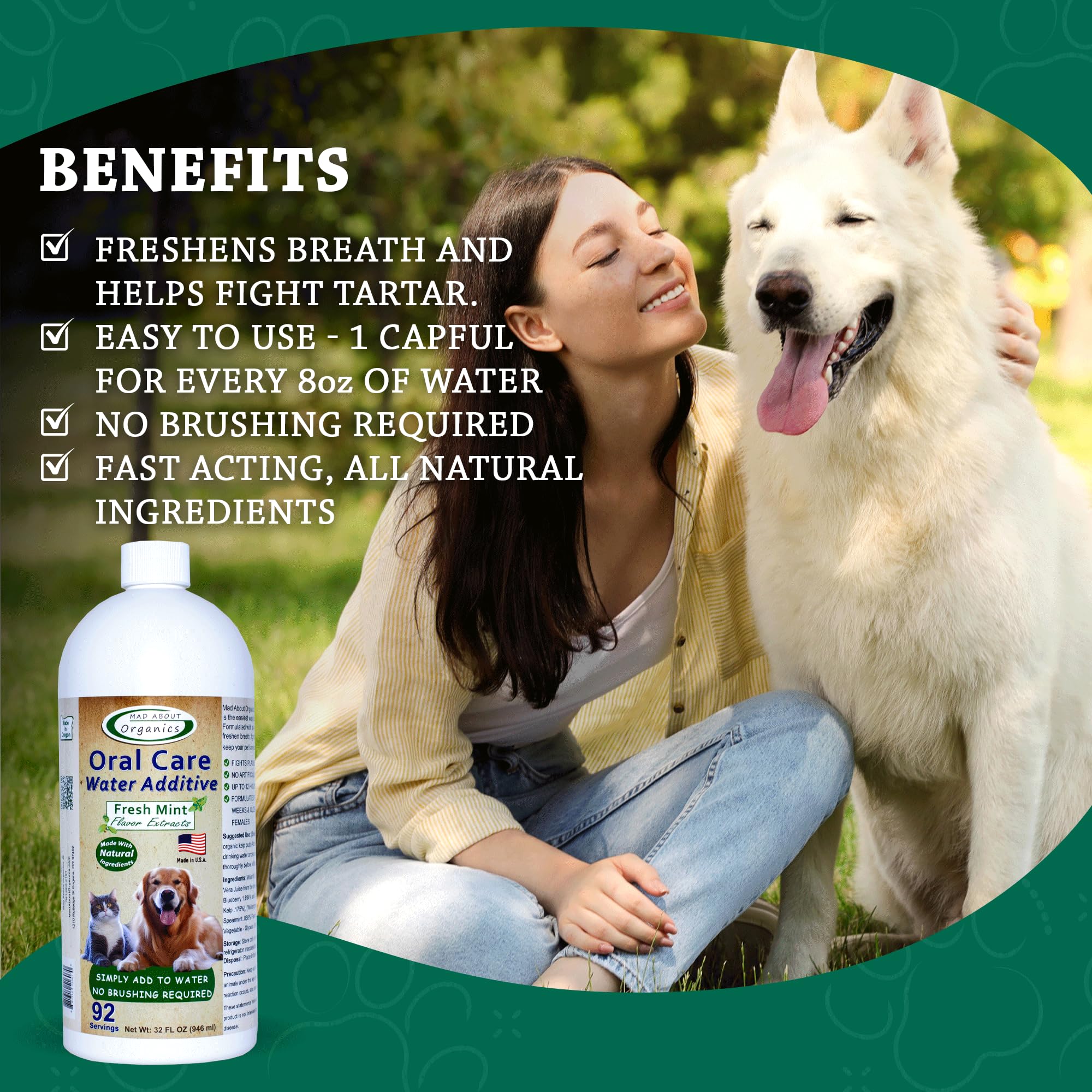 Mad About Organics capful measure for easy daily dental dosing.