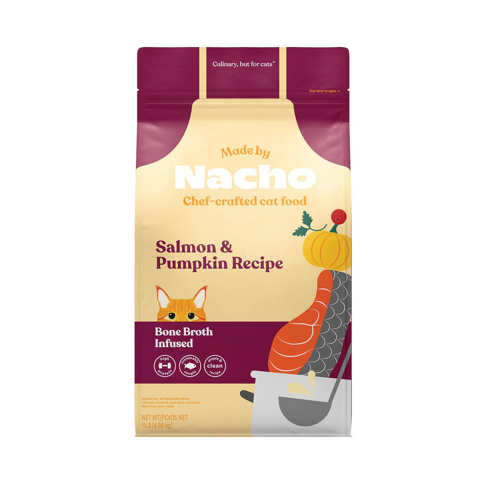 Made by Nacho dry cat kibble bag front; convenient 11lb packaging for easy feeding.