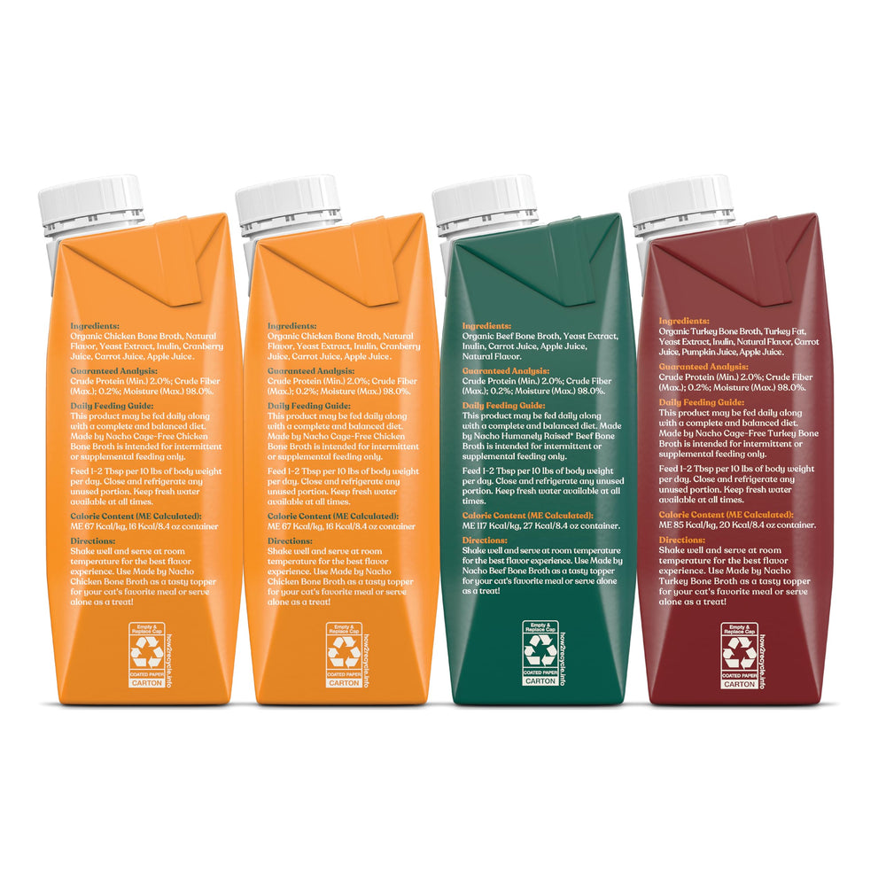 Four-pack Made by Nacho broth topper suggests ongoing hydration.