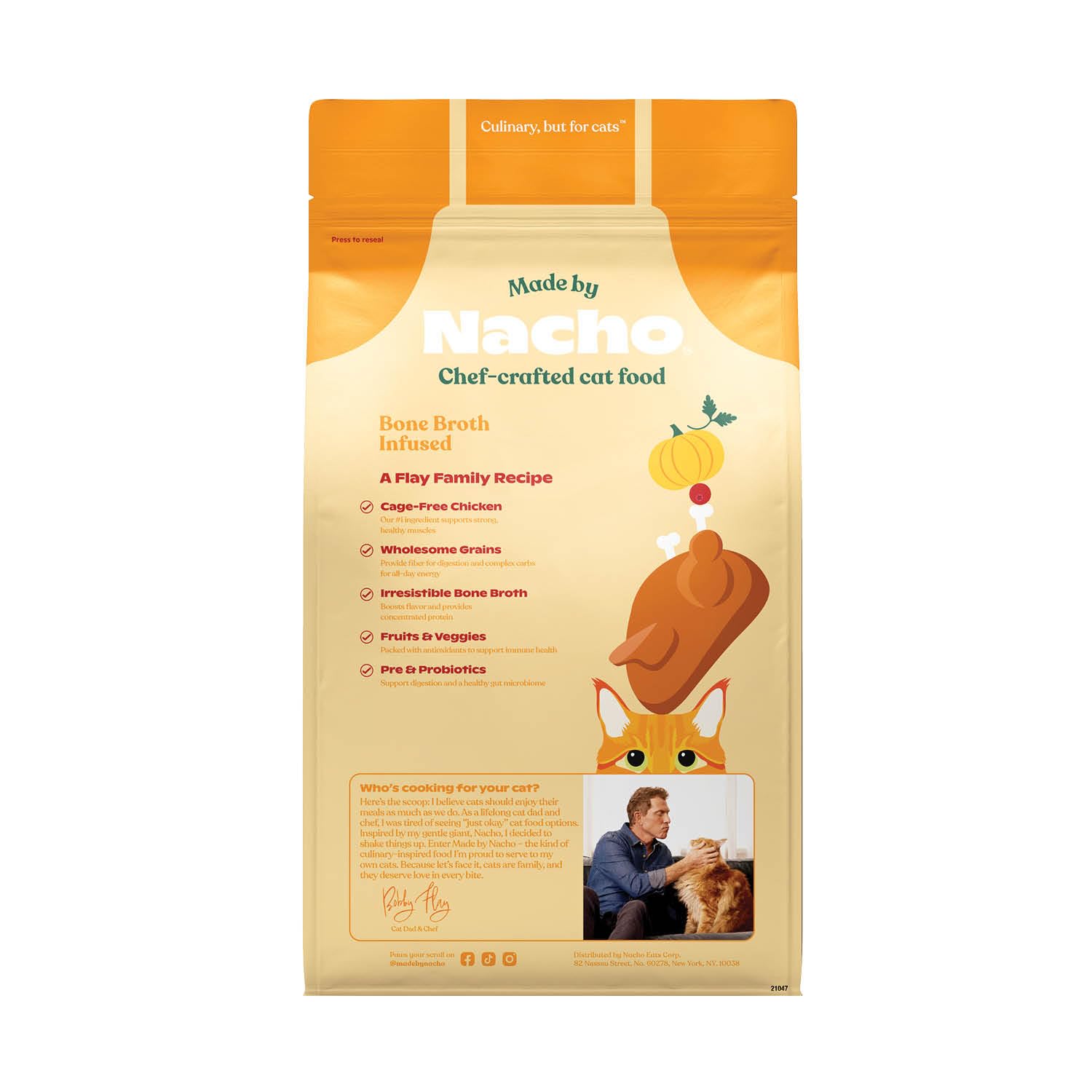 Made by Nacho kibble with cage-free chicken protein featured on bag imagery.