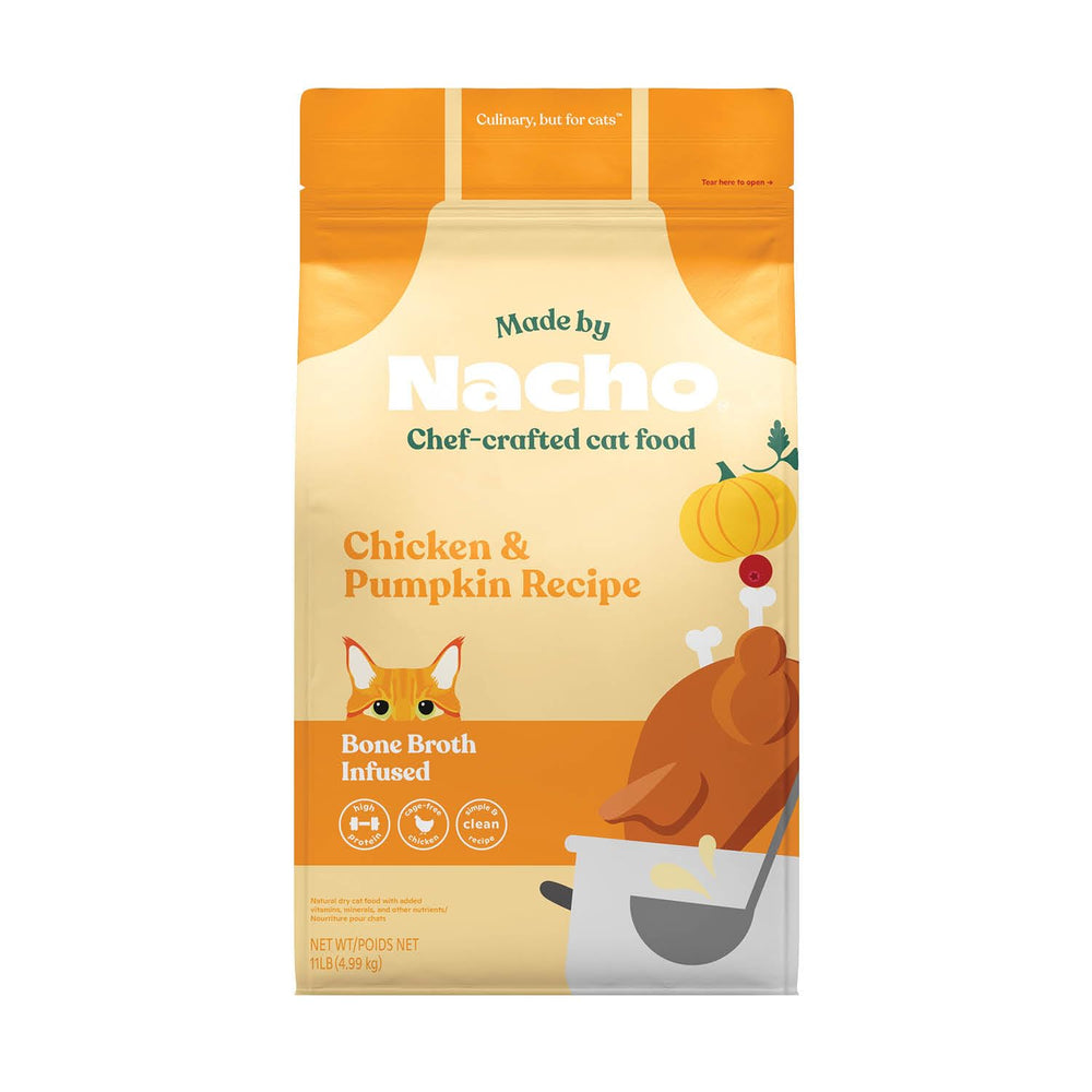 Made by Nacho dry cat kibble packaging showing the 11lb bag for easy feeding.