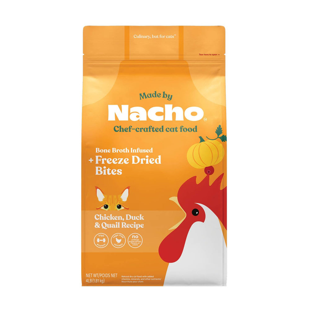 Made by Nacho dry cat kibble bag packshot highlights premium cage-free chicken protein.