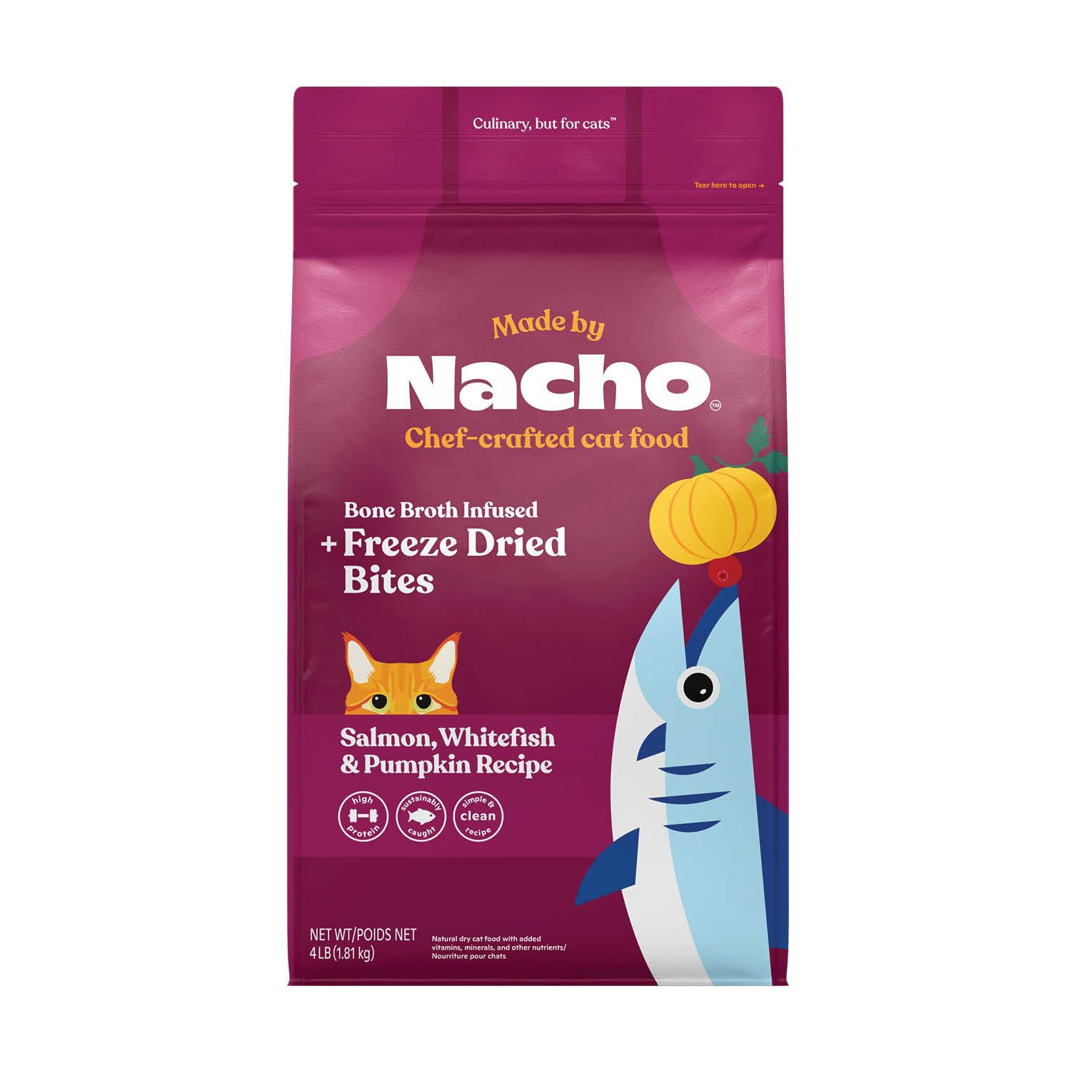 Made by Nacho dry cat kibble bag featuring sustainably caught salmon for strong muscles.