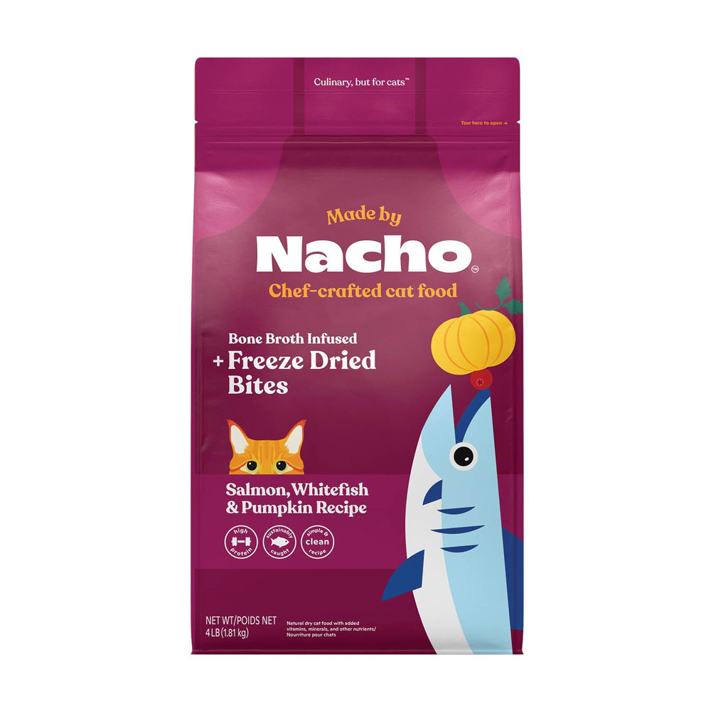 Made by Nacho dry cat kibble bag featuring sustainably caught salmon for strong muscles.