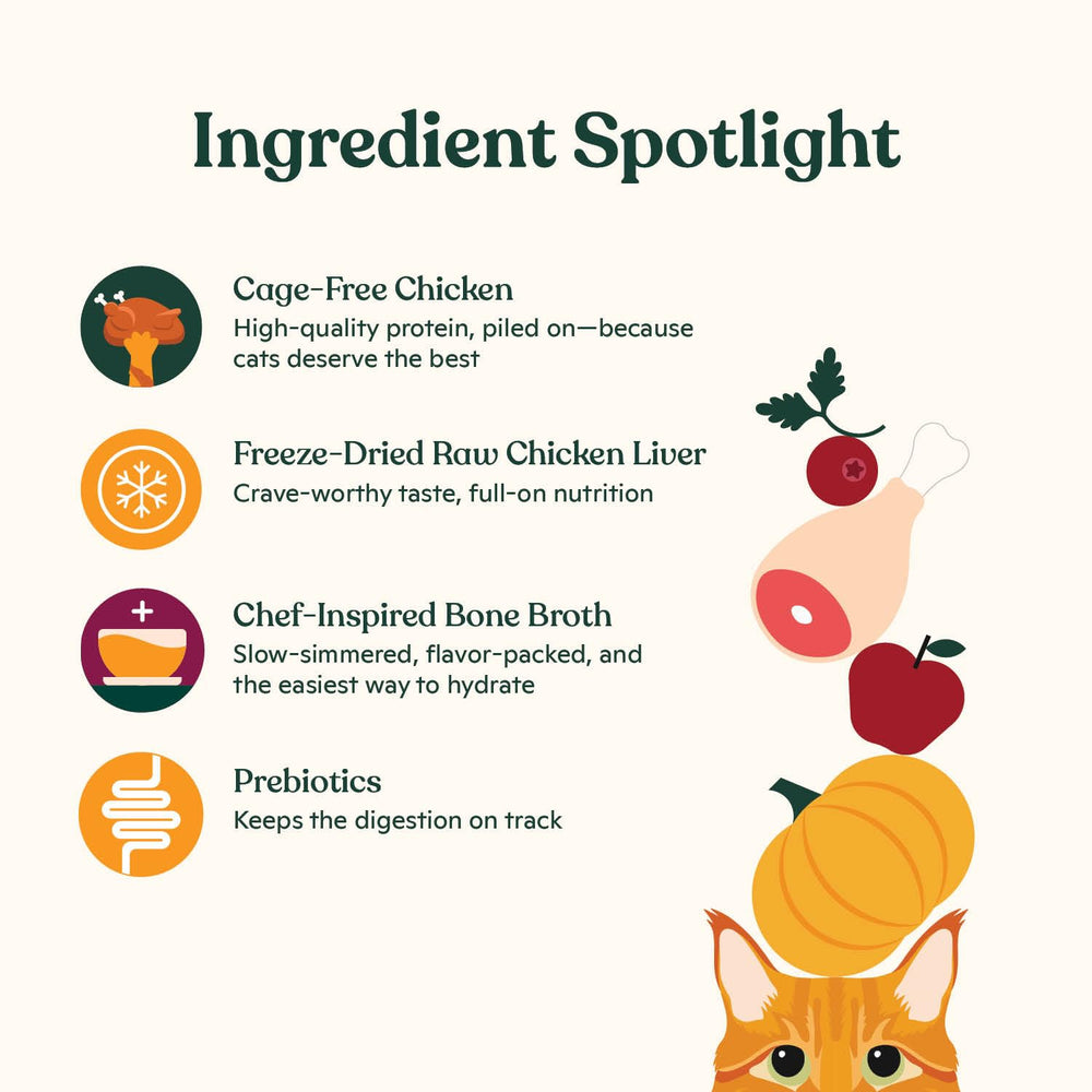 Made by Nacho ingredients graphic features fruits vegetables and probiotics for digestive support.