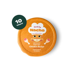 Made by Nacho wet cat food packaging highlighting cage-free minced chicken for protein.