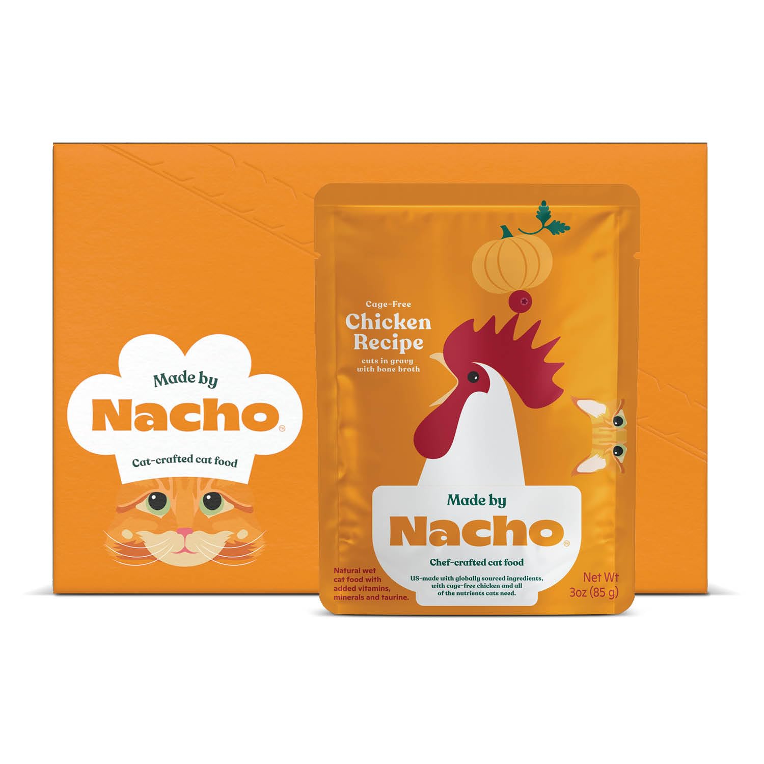 Made by Nacho wet cat food with chicken chunks in gravy for whisker-lickin' texture
