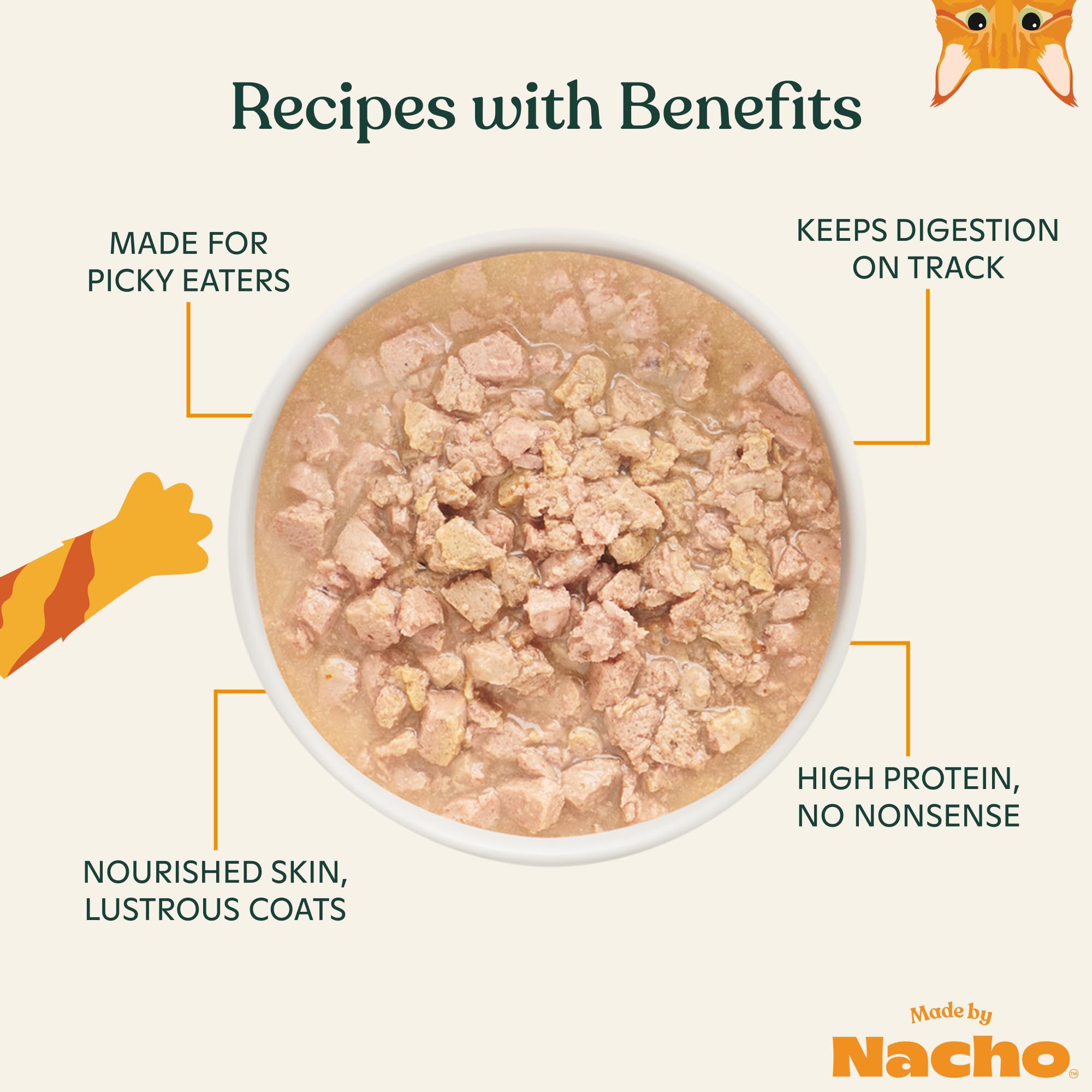 Made by Nacho wet cat food with prebiotics for digestive support and immune health.