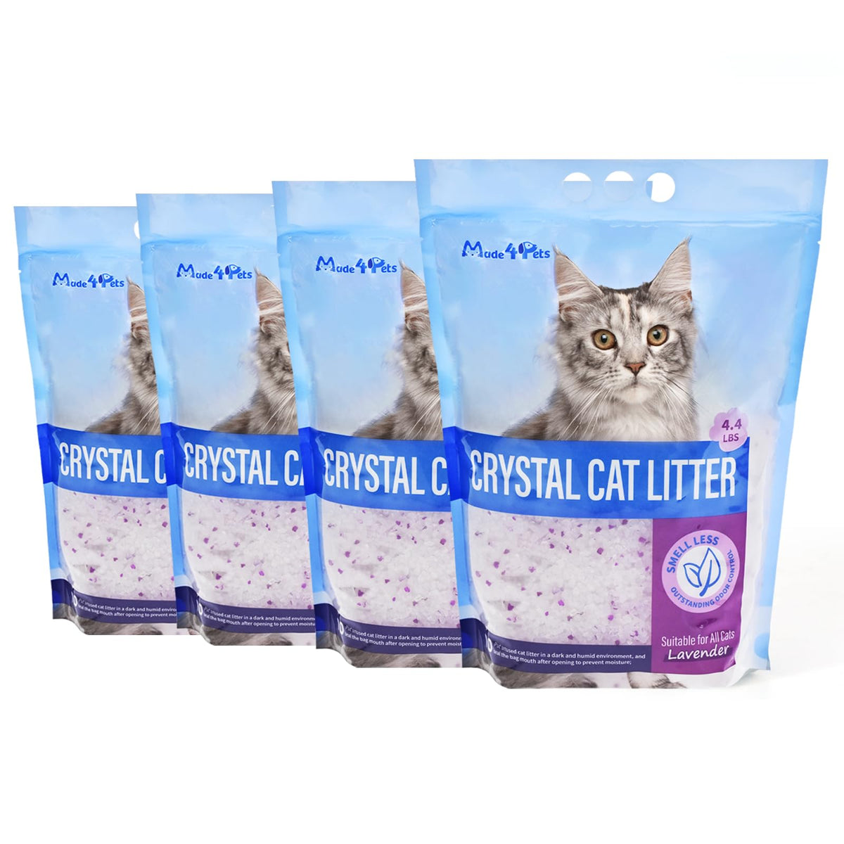 Made4Pets cat litter crystals Lavender bag front showing odor control and convenience.