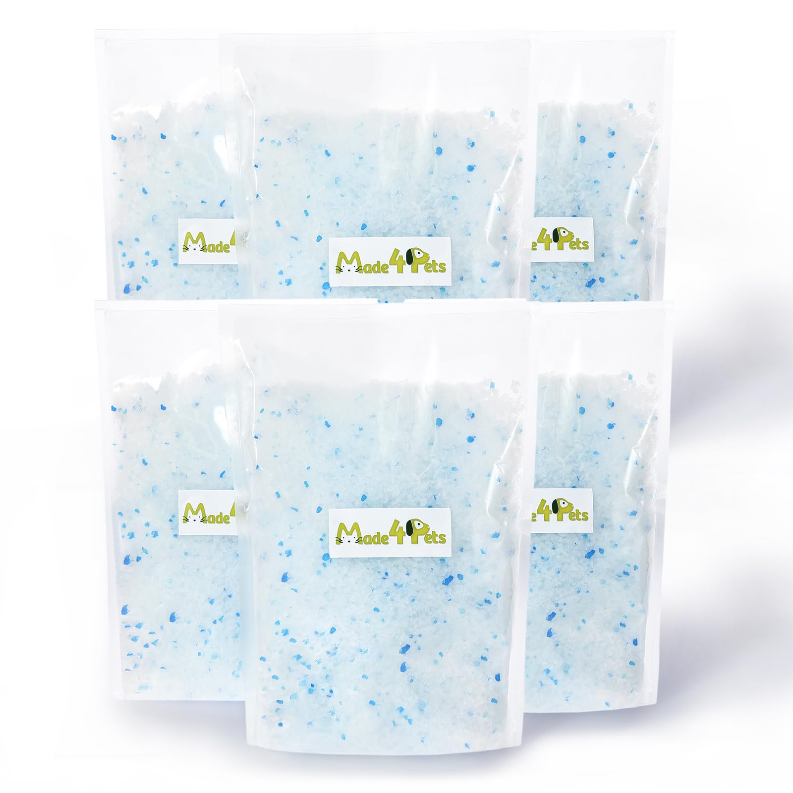 MADE 4 PETS cat litter crystals packaging, easy to store and refill.