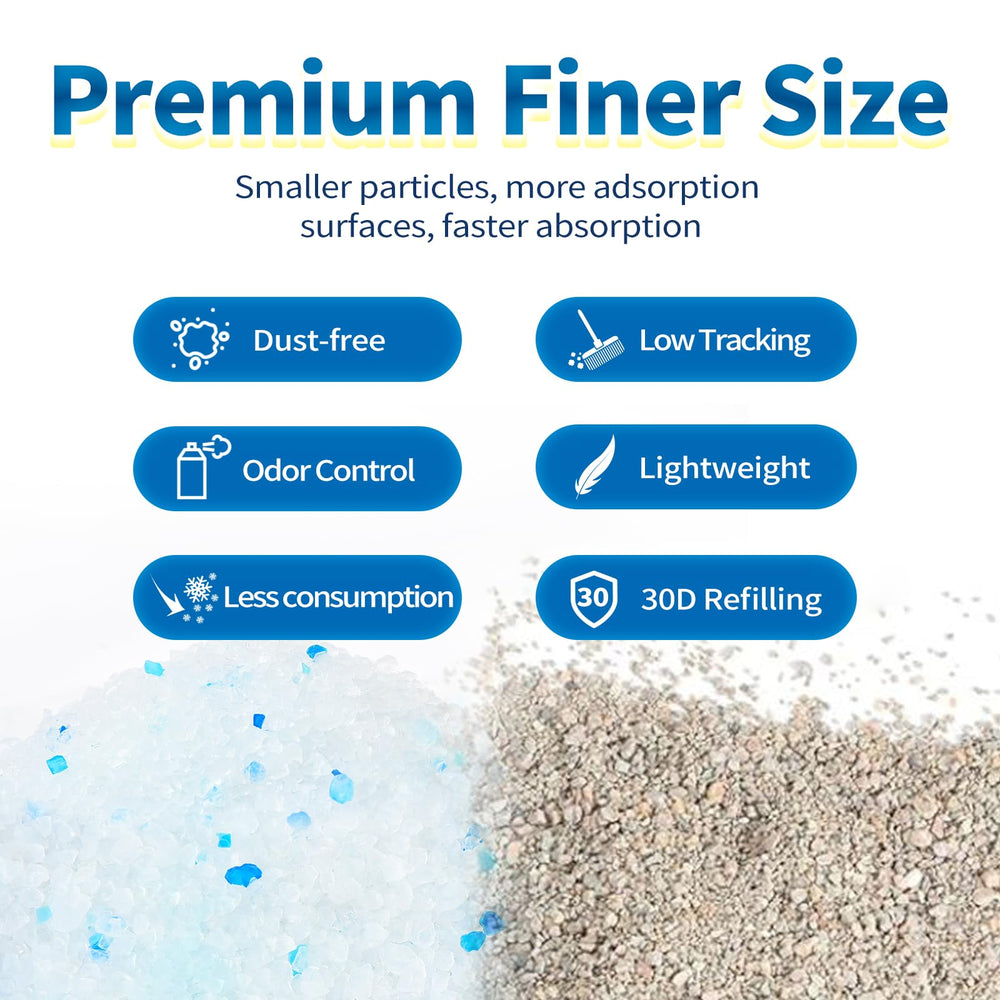 Made4Pets crystal litter granules spread on the floor illustrate low-dust performance.
