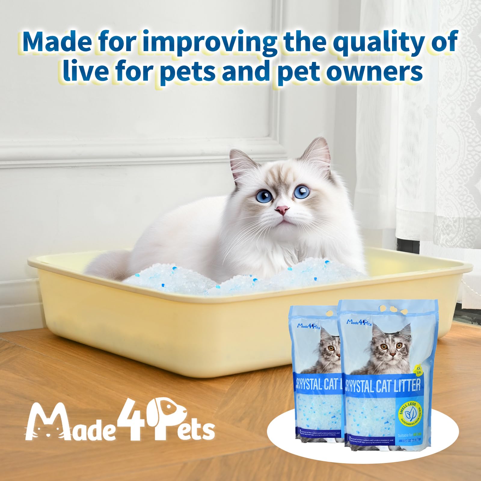 Made4Pets crystals in a weighed portion emphasize lightweight handling.